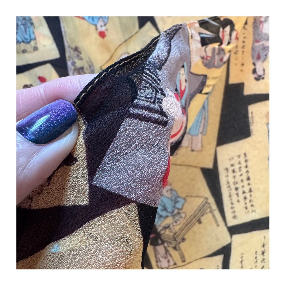Scarf Figurative Calligraphy Print Sheer Oblong Lightweight Tan Black Wrap - Picture 4 of 4